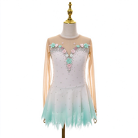 Robe de patinage artistique pour enfants et adultes, dégradé blanc et vert menthe, maille à manches longues, dos orné de fleurs en strass, pour compétition et spectacle