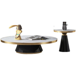 Modern Nested Round Coffee Table Set of 2 Marble Rock Slab Top Gold Metal <b>Frame</b> <b>Black</b> Pedestal Base Hotel Villa Lounge Furniture - Product Image 5