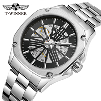 Montre-bracelet à forme irrégulière, montre squelette, marque T-Winner, bracelet en acier, montres mécaniques automatiques OEM pour hommes
