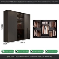 Armoire de chambre moderne et durable grise avec portes vitrées à charnières, éclairage LED, sans poignées, écologique, pour appartement, montage facile