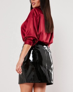 OEM Embroidered logo Women <strong>Plus</strong> <strong>Size</strong> Vinyl Zip Front High Waist Sexy Mini Shiny <strong>Skirt</strong> Faux Pu Leather <strong>Skirt</strong> - Product Image 3