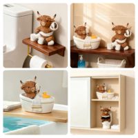 Set Dekorasi Kamar Mandi Sapi Highland Lucu 3 Buah, Figur Sapi Highland Resin untuk Dekorasi Rak Kamar Mandi, Patung Ornamen Resin