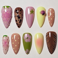 Op maat gemaakte pastelkleurige fruit-thema opzetnagels met 3D reliëfdesign, herbruikbare kunstnagels voor groothandel