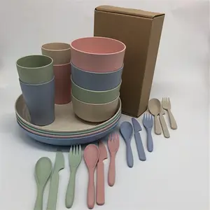 Многоразовая биоразлагаемая Пшеничная солома, столовая посуда, набор с чашками, чашками, тарелками и столовыми приборами