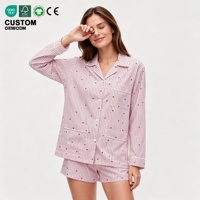 Ensemble de pyjama rayé pour femme, 2 pièces, manches longues, boutonné, avec poche cœur rose bordeaux, tenue d'été décontractée