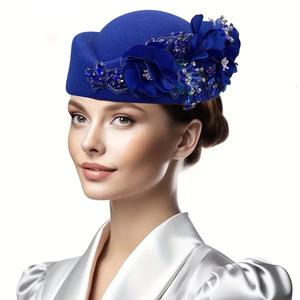 Sombrero de turbante de fieltro Vintage para mujer, tocado Derby de iglesia con flores, boina suave para mujer, gorras para fiesta, sombrero de azafata de aerolínea - Product Image 2