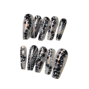 Lot de 10 faux <span class=keywords><strong>ongles</strong></span> longs faits à la main avec adhésifs, design dentelle noir tendance et élégant pour les doigts - Product Image 1