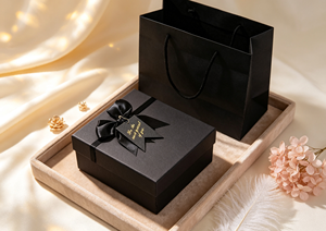 Thick <b>Black</b> Cardboard Eco-Friendly High-End Gift <b>Box</b> with Lid/Base Structure Satin Bow Gold Foil Tag Four-Color Printing - Product Image 2
