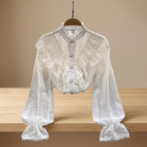 SINGREINY Blusa Francesa Elegante para Mujer, con Volantes Suaves, Estilo Casual Holgado, Manga Larga, Ropa de Calle, Color Blanco - Product Image 3