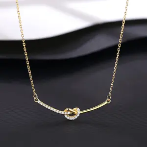 925 Sterling Silver Love Knot Pendant 14K Gold Plated Link Chain Zircon Necklaces Jewelry for Women