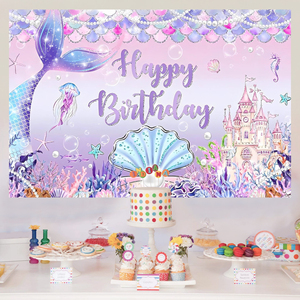 Lila Meerjungfrauenschwanz-Themen-Hintergrundbanner Muschelschloss Happy <span class=keywords><strong>Birthday</strong></span> Dekorationshintergrund für Mädchen-Partyzubehör - Product Image 3
