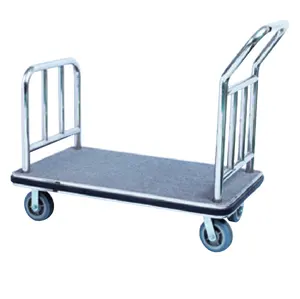 C018 Hotel Stainless Steel Hotel Lobby Luggage Bellman Trolley Cart Golden Baggage Hand Trolley Cart With Red Carpet