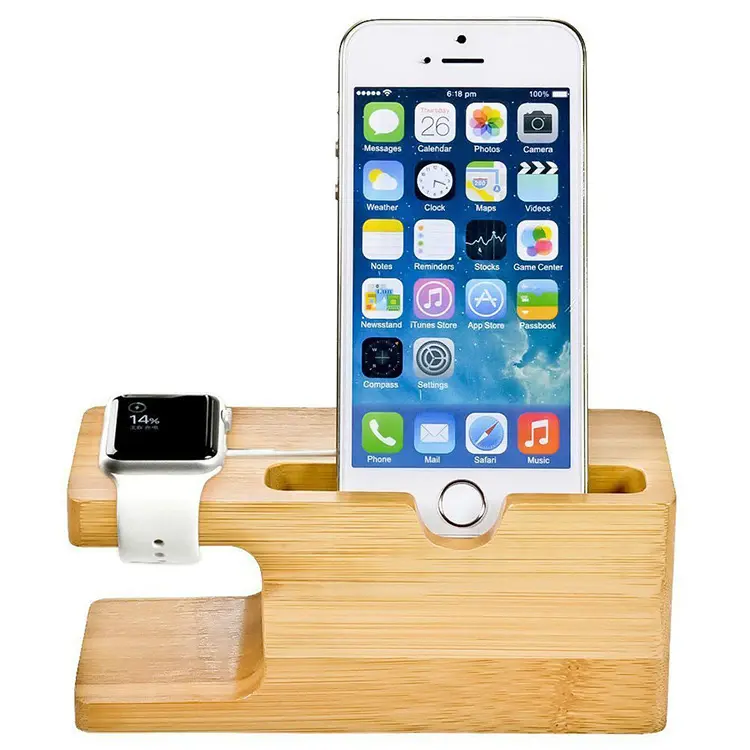 Soporte de carga de madera de bambú para Iphone, Apple Watch, multifunción
