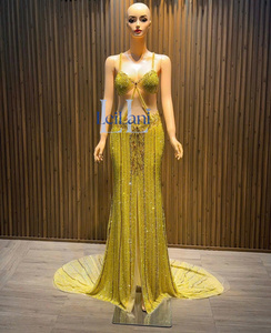 Robe de soirée sirène sans manches de luxe pour femme, ornée de strass haut de gamme, en soie, élégante - Product Image 6