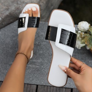 New Design Soft Soled on Flat Sandals Fashion Square Toe PU Leather Women's Summer Beach Casual <b>Slides</b> Slippers - Product Image 1