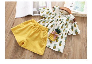 Conjunto de Verano para Niñas, Pantalones Cortos con Estampado de Piña, Ropa de Algodón y Lino, Estilo Hombros Descubiertos - Product Image 2