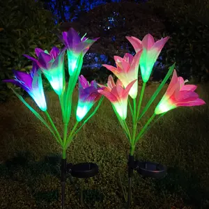 Outdoor Waterproof Garden LED Solar Lily Lantern RGB Decorative Light Stainless Steel Body Patio Landscape Red Christmas Style