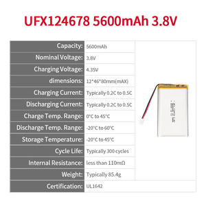 UFX 124678 3.8V 5600毫安时高压固态充电电池，带印刷电路板12x46x80mm毫米500周期 - Product Image 2