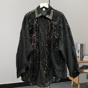 Long Heavy <b>Sequins</b> Encrusted Diamonds Women's Long Sleeve Shirt <b>Top</b> Blouse Clothing Fashion - Product Image 3