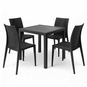 Ensemble de jardin avec table carrée et 4 chaises en plastique anthracite effet rotin empilables sans accoudoirs - Product Image 1