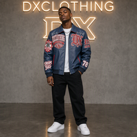 Blouson Bomber en Cuir PU Bleu Marine Personnalisé 500 g/m² avec Étoiles Incrustées, Col Pointu, Marque Privée, Vêtement d'extérieur Streetwear OEM ODM