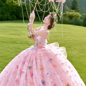 Sweet Strapless Ball Gown Wedding Dress Empire Waist Pink Colorful Floral Outdoor Photoshoot Couple Outfit - Product Image 3