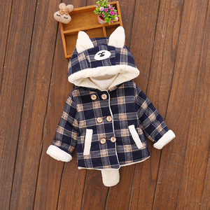 Vêtements d'hiver pour bébés garçons, manteau à capuche en laine à carreaux avec motif animal mignon, vente en gros - Product Image 1