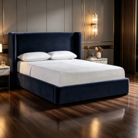 Lit plateforme capitonné de luxe bleu marine en velours avec rangement, cadre de lit à dossier haut, taille King, mobilier de chambre moderne