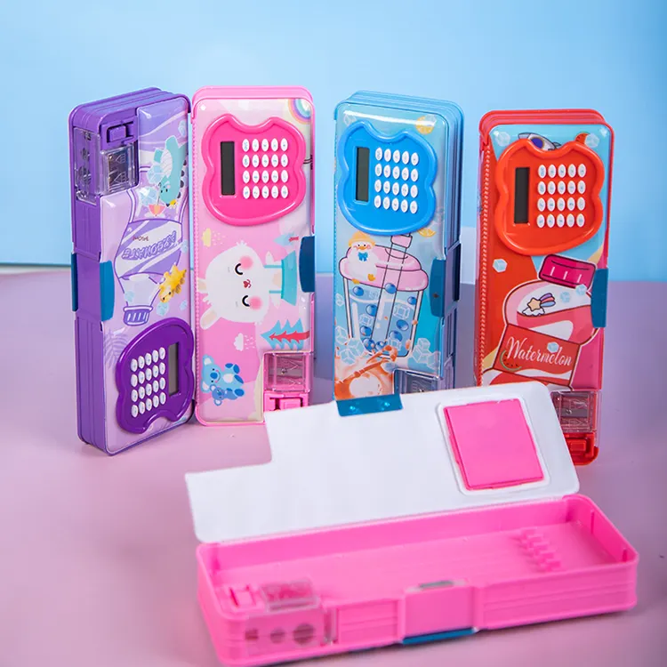 Aangepaste Dubbele Lagen Gekleurd Multifunctioneel Slim Magnetisch Pop-Out Schattige Etui Met Rekenmachine En Puntenslijper Voor Meisjes Kind