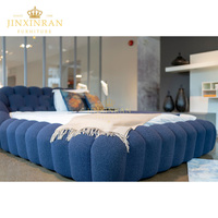 Neuestes Kingsize Luxus-Lederbett mit Dunkelblauem Stoffbezug, Modernes 3D-Bubble-Design mit Stauraum