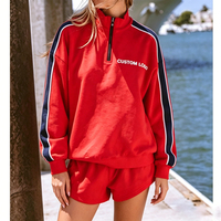 Conjunto de Sudadera con Cierre de Cremallera 1/4 y Logotipo Bordado Personalizado para Mujer, con Ribete a Rayas, Pantalones Cortos Casuales para Estar en Casa, Conjunto de Dos Piezas