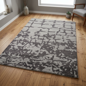 Tapis de salon moderne rectangulaire gris abstrait en laine, noué à la main, à poils moyens, lavable, pour design d'intérieur - Product Image 2
