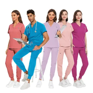 절묘한 로고 사용자 정의 V-넥 패턴 남여 공용 병원 의료 스크럽 간호사를위한 수술 유니폼