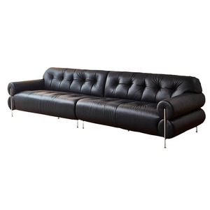 french vintage high leg black cloud top grain leather straight mid century <b>sofa</b> <b>for</b> living room - Product Image 4