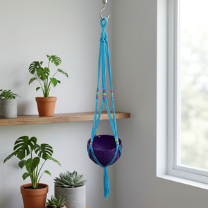 Handmade Foldable Cotton Macrame Self Watering Planter <b>Hooks</b> Plant Hanger Blue Rope Hanging Basket Purple Pot Wall Hanging - Product Image 2