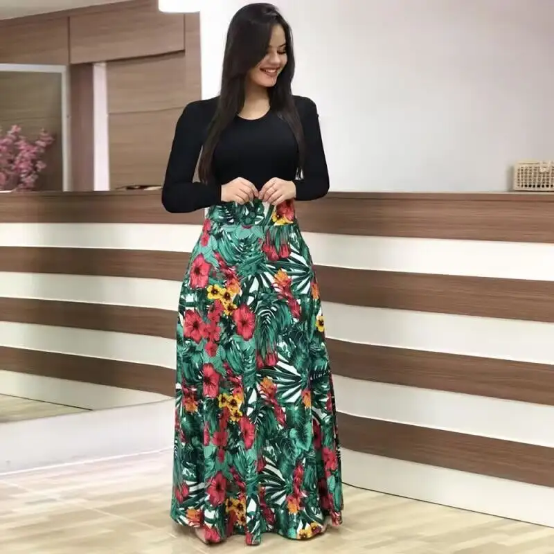 Upscale boa aparência nobre preto patchwork vestido com mangas compridas ou curtas flor impressão cor vestido de saia longa desgaste das mulheres