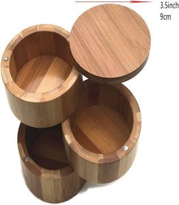 Tempat Garam Tiga Susun dengan Tutup Putar Magnetik, Wadah Penyimpanan Kayu Akasia Bulat, Stoples Kayu untuk Garam dan Bumbu - Product Image 5