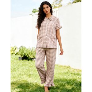 Gingham Pajama Set For Women 2 Piece Short Sleeve Button <b>Down</b> Cotton Sleepwear Plaid <b>Pants</b> With Ruffle Details Casual Lounge - Product Image 2