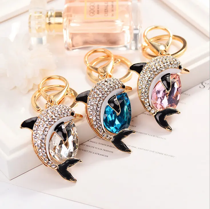 Модный металлический брелок в виде дельфина, Хрустальный брелок для ключей, аксессуары для рекламного подарка
