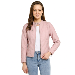 Women Blush <b>Leather</b> <b>Jacket</b> Collarless Stand Neck Zipper Casual <b>Real</b> <b>Leather</b> Short Coat Outerwear Women <b>Jackets</b> - Product Image 1