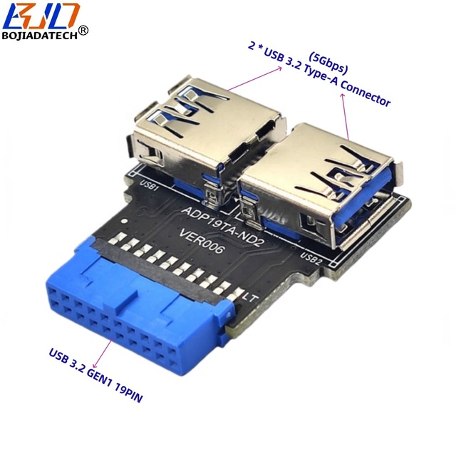 Factory Wholesale 2 * USB 3.0 Type-A Connector to Motherboard 19PIN Header Adapter Card 5Gbps in Stock