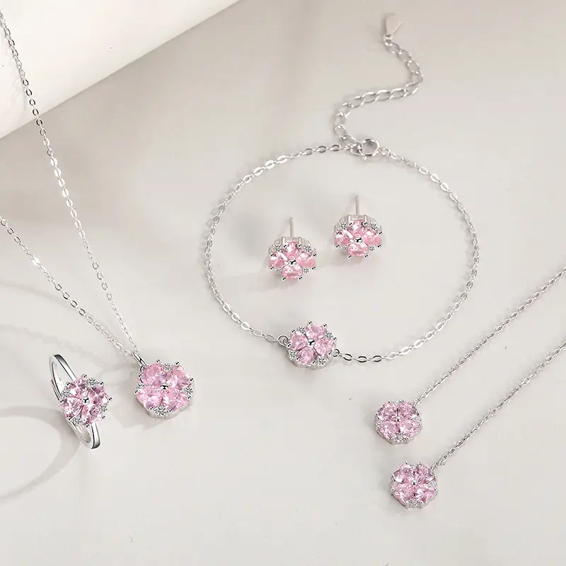 Luxury 925 Sterling Silver Four Leaves Design Collection Pendant Necklace Earring Bracelet Jewelry Set