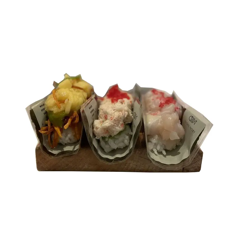 Benutzer definierte sichere Lebensmittel Clear Plastic Restaurant Onigiri Sushi Nori Seetang Verpackung Halter Taschen