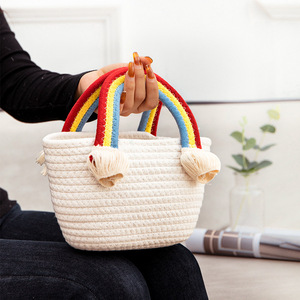 Cute <b>Rainbow</b> Cloud Handbag White And Pink Oval Straw Weaving Beach Vacation <b>Bag</b> Everyday Outfits Spring 2023 - Product Image 3