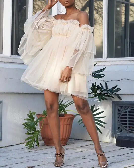 S-5XL Hot Trend Casual Cute Elastic Ruched Bandeau Off the Shoulder Sheer Mesh Layer Flutter Sleeve Tulle Overlay Mini Dress