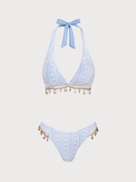 Maillot de bain deux pièces pour femme, coupe haute, style bohème, avec haut triangle en dentelle et breloques coquillages, en tissu Repreve, personnalisable avec marque privée