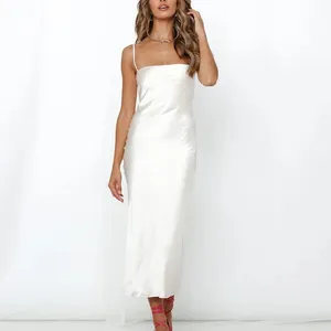 Hot Sale Summer Custom White Sexy Girl Hot Club Dress Slim Cocktail Backless Sleeveless Satin Solid Silk Slip Long Dress