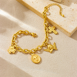 European American Retro Gold Plated Chunky Chain Bracelet With Cross Angel Charm For Women - Product Image 3
