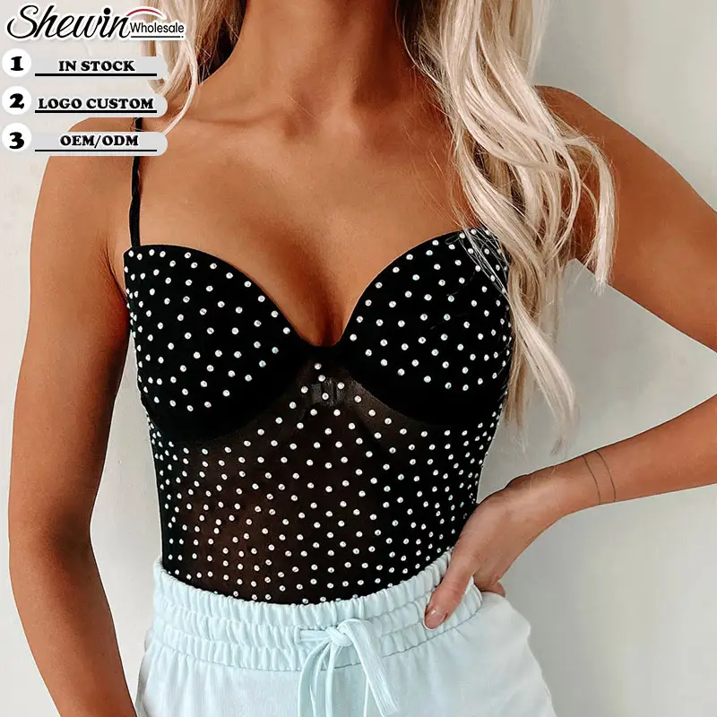 Summer 2023 Women Clothing Black Rhinestone Adjustable Straps Mesh Spandex Bodysuit