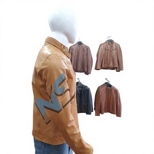 Veste de moto en cuir véritable pour homme avec col montant, fermeture éclair sur le devant, coupe classique, couleur unie - Product Image 3